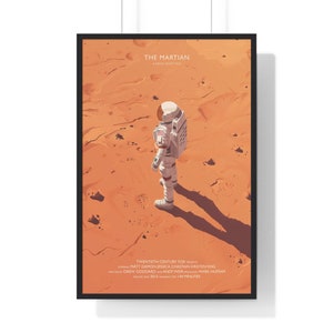 May include: A movie poster for the film "The Martian" featuring an astronaut standing on a red, rocky surface. The text on the poster reads "The Martian", "A Ridley Scott Film", "Twentieth Century Fox Presents", "Starring Matt Damon, Jessica Chastain, Kristen Wiig", "Written by Drew Goddard and Andy Weir", "Produced by Mark Huffam", "Released October 2, 2015", "Running Time: 144 Minutes".