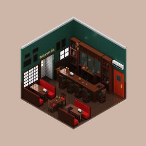 May include: A 3D isometric illustration of a bar interior with a green wall, wooden bar, and red booths. The bar is called "MacLaren's Pub" and has a sign above the entrance. There are several stools at the bar and tables with chairs in the booths.