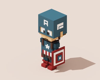 3D Captain America Voxel Model for 3D Print and Gaming, STL File, OBJ File, VOX File, Mini Figure