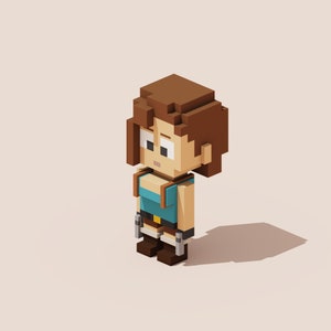 3D Lara Croft - Tomb Raider Voxel Model for 3D Print and Gaming, STL File, OBJ File, VOX File, Mini Figure