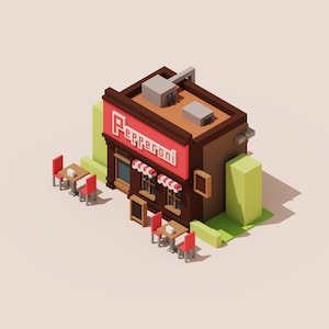 May include: A brown and red brick building with a sign that says "Pepperoni" and a green lawn in front. There are two tables with red chairs outside the building.