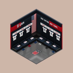 May include: A 3D isometric illustration of a locker room with a USA flag and jerseys with player names and numbers. The text "ONE NATION. ONE TEAM." is on the wall.