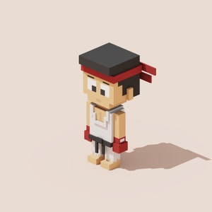 Könnte beinhalten: Eine pixelartige Figur, die ein weißes Tanktop, einen schwarzen Gürtel und rote Handschuhe trägt. Die Figur hat schwarze Haare und ein rotes Stirnband. Die Figur steht auf einem hellbraunen Hintergrund.
