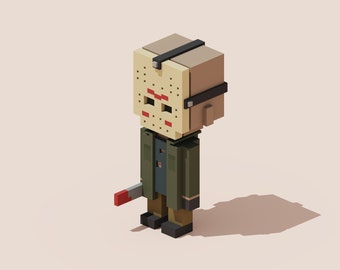 May include: A pixelated figure wearing a white hockey mask with red accents and a green jacket, holding a red-handled knife.