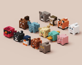 Voxel Animals Pack 3D for Printing and Gaming, STL File, OBJ File, VOX File, Miniature Character Figures