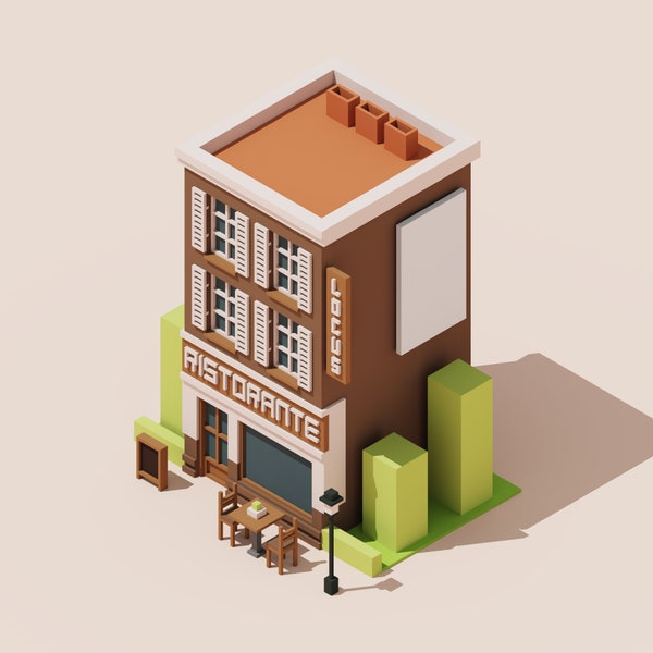 3D Italian Restaurant Voxel Model for 3D Print and Gaming, STL File, OBJ File, VOX File, Miniature House Building
