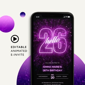 26th Birthday Invitation E-INVITE TEMPLATE for an animated Hello 26 Birthday Party Evite SMS Invitation. Send in minutes. 26th Bday invites