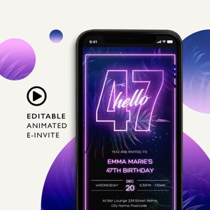 Hello 47 Birthday Invitation DIGITAL DOWNLOAD Animated Neon Purple Video Invitation SMS invitation, Club Tropicana 47th Birthday Party Evite