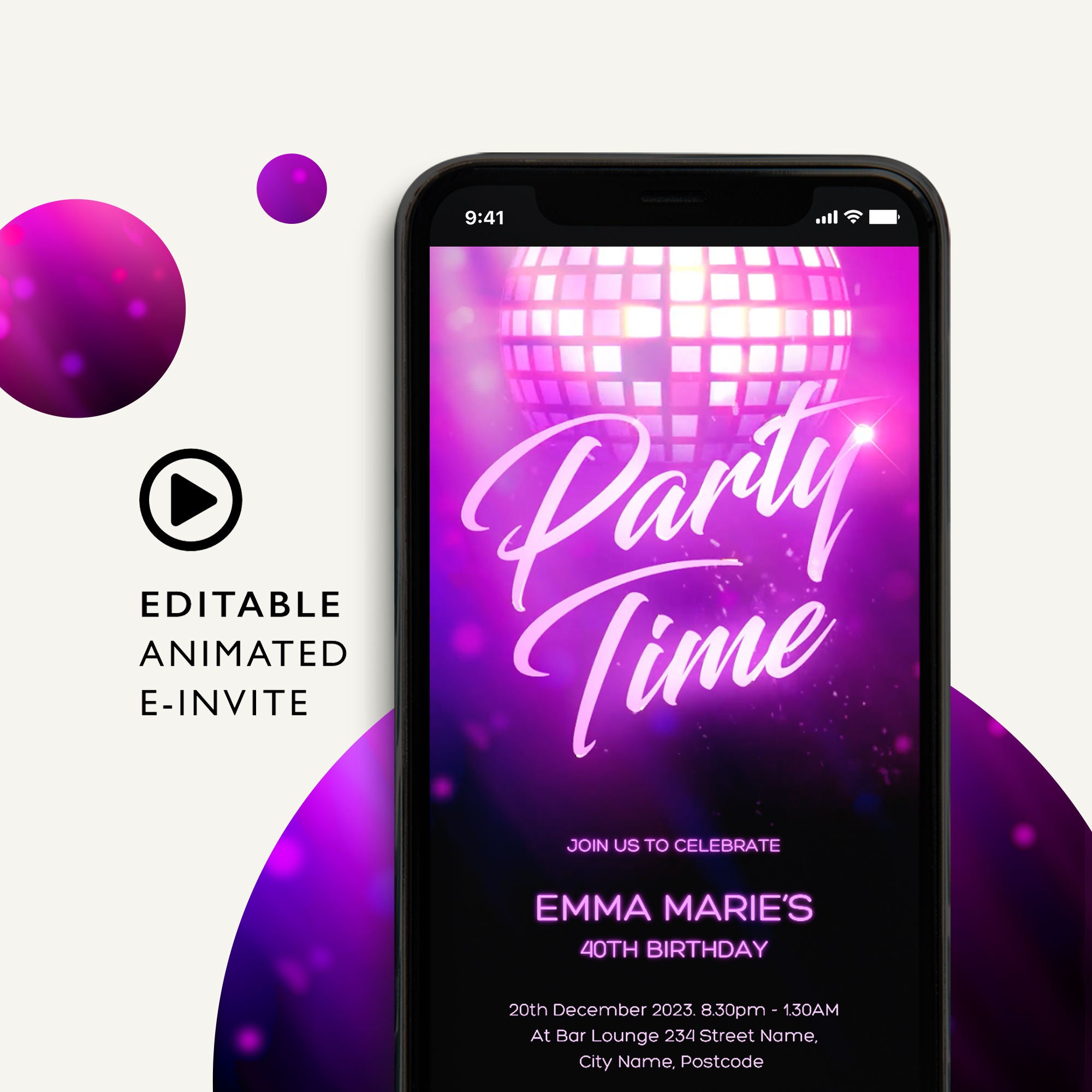 Animated Disco Ball Invite, Birthday Parties Video Invitation, Editable ...