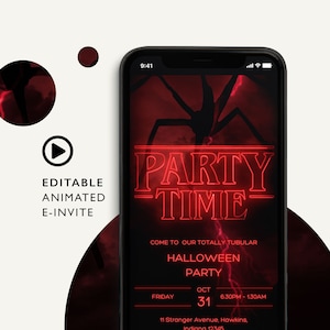 May include: A mobile phone screen shows a Halloween party invitation. The red neon text reads "PARTY TIME." The invitation includes the date, time, and location. The background features a creature silhouette and lightning.