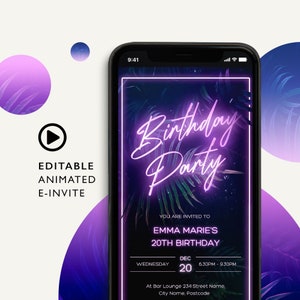 Birthday Party Invitation DIGITAL DOWNLOAD Neon Purple Animated Video Invitation, Evite Birthday, Editable Template SMS Invitation