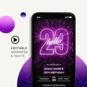 29th Birthday Invitation E-INVITE TEMPLATE for an animated Hello 29 Birthday Party Evite SMS Invitation. Send in minutes. 29th Bday invites
