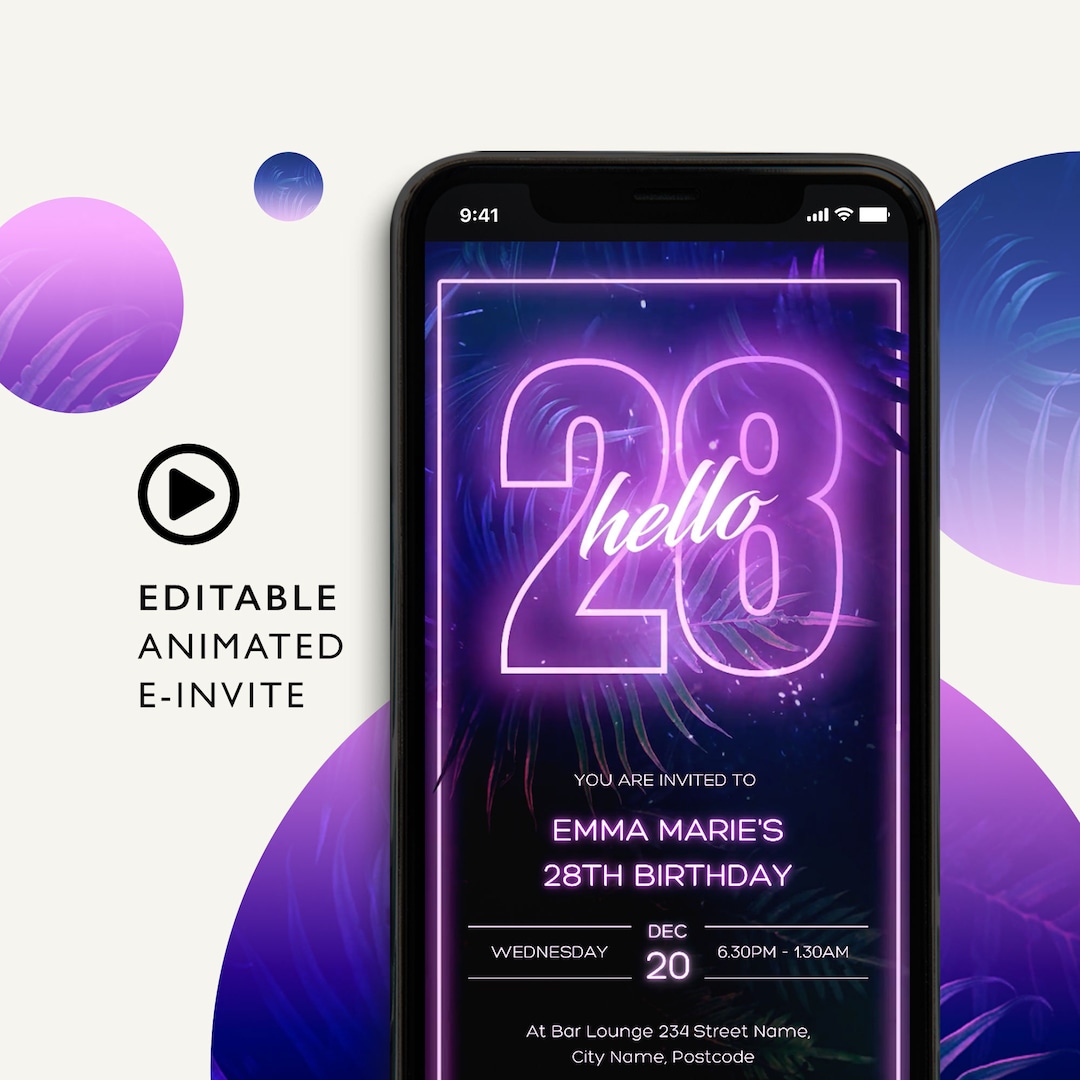 Hello 28th Birthday E-vite: Neon Purple Video Invitation (digital ...
