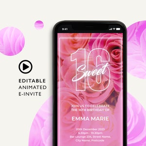 SWEET 16 E-INVITE Editable Event Template for an Animated Sweet 16 Invitation,16th Birthday Girl  Party E-Invitation, My Sweet Sixteen Party