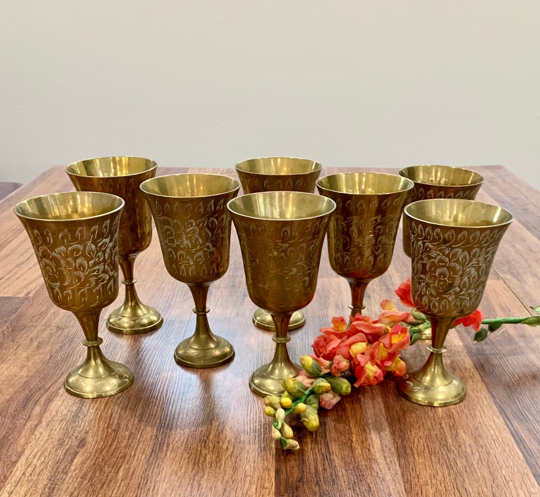 Vintage Brass Wine Goblets Etched Brass Wedding Decor Etsy