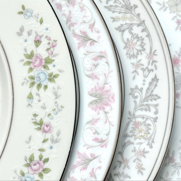 Mismatched Dinner Plates Mix and Match Dishes Vintage Wedding, Girl Baby Shower Bridal Garden Tea Party, Gallery Wall Shabby SET of 4 -NORA