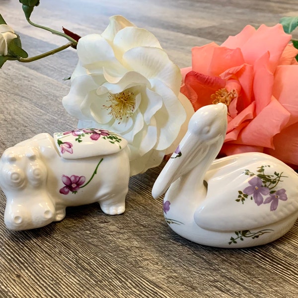 Vintage Trinket Box Pelican OR Hippo, Floral China Jewelry Box - YOUR CHOICE - Shabby Elegant Granny Chic Decor, Gift for Animal Lover