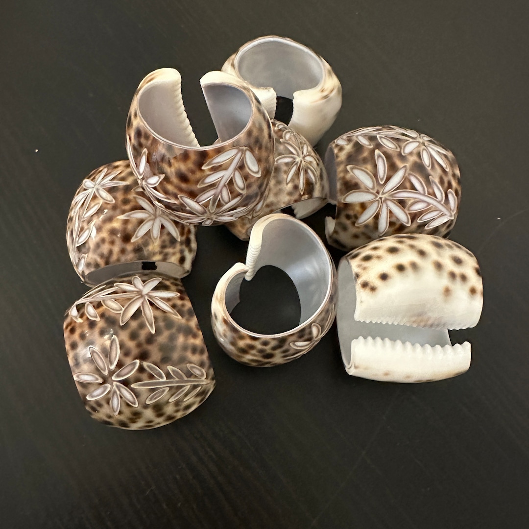 Vintage Etched Tiger Cowrie Shell Napkin Rings, Set of 8 Leopard Floral ...