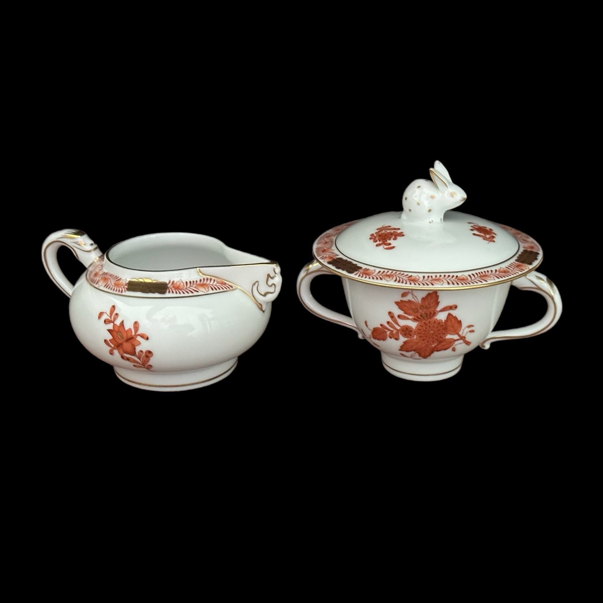 Herend Chinese Bouquet Rust Creamer and Sugar Bowl Bunny Knop Set, Hand-Painted Porcelain, Formal Serveware, Herend Rabbit Replacement China