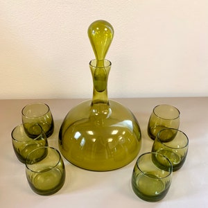 MCM 1960&#39;s Olive Green Wine Decanter and 6 Glasses, Home Bar Unique Vintage Barware for Him, Dad, Boyfriend, Husband, Retirement Gift