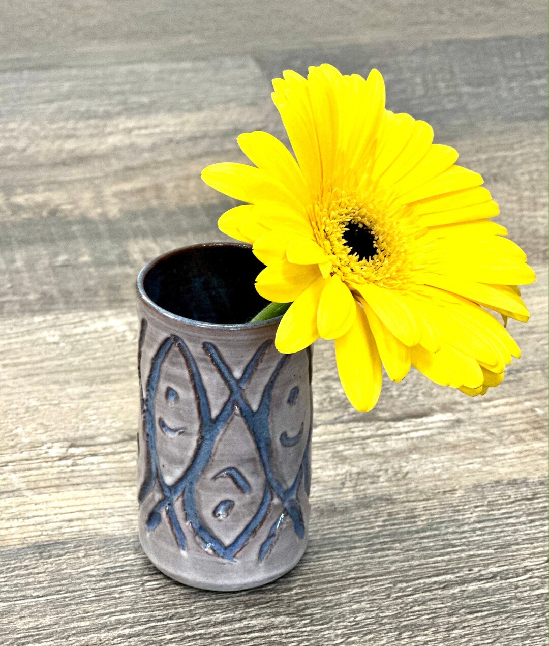 Nautical Pottery Bud Vase Blue and White Glazed Clay Signed by Etsy
