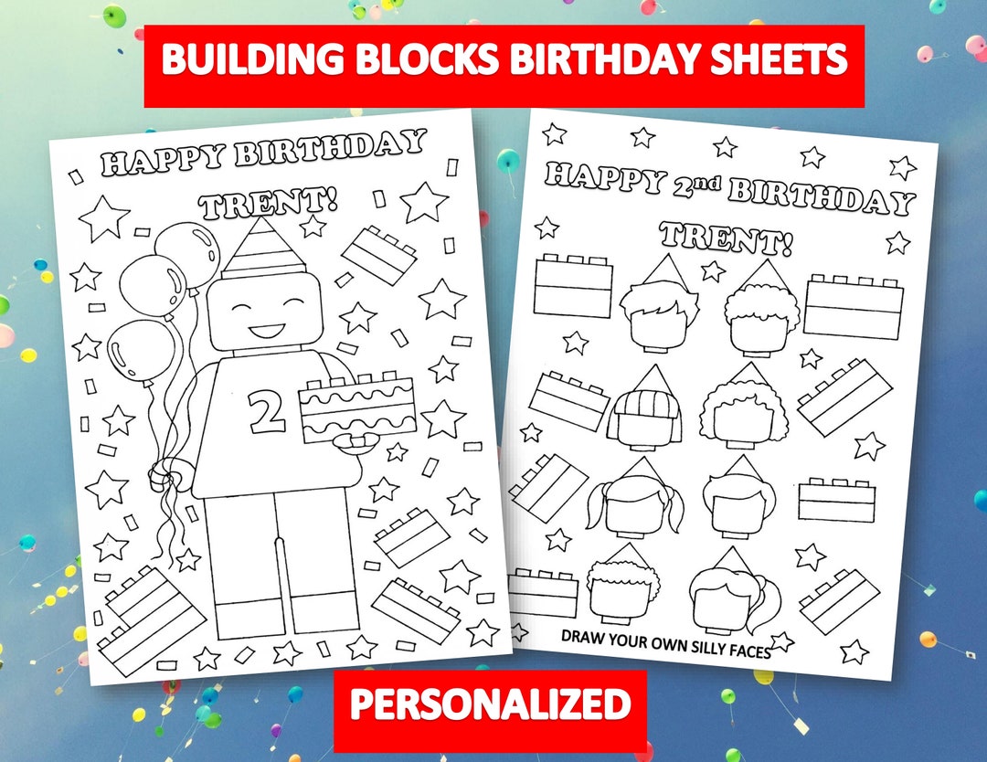 Building Blocks Birthday Coloring Sheets for Kids, Personalized ...