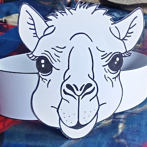 Corona di carta da colorare a forma di cammello, fascia per la testa con scena della natività per bambini, cappello di carta con animali da stampare