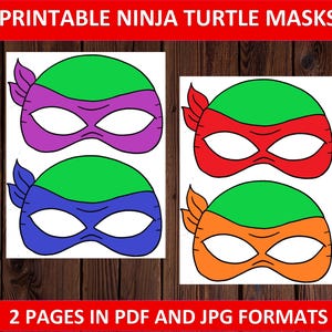 Puede incluir: Máscaras imprimibles de las Tortugas Ninja en morado, rojo, azul y naranja. Cada máscara tiene una cubierta para la cabeza verde y una máscara para los ojos del mismo color. El texto "PRINTABLE NINJA TURTLE MASKS" está en la parte superior y "2 PAGES IN PDF AND JPG FORMATS" en la inferior.