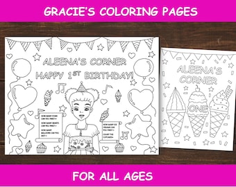 Gracies Corner Birthday Coloring Pages: Personalized Party Favors (Digital Download)