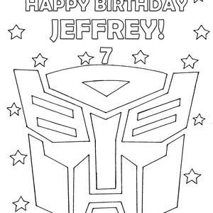Op de afbeelding: Zwart-witte lijntekening van een verjaardagskaart met de tekst "HAPPY BIRTHDAY JEFFREY!" en het nummer "7". De kaart toont een gestileerd robotgezicht en sterren.