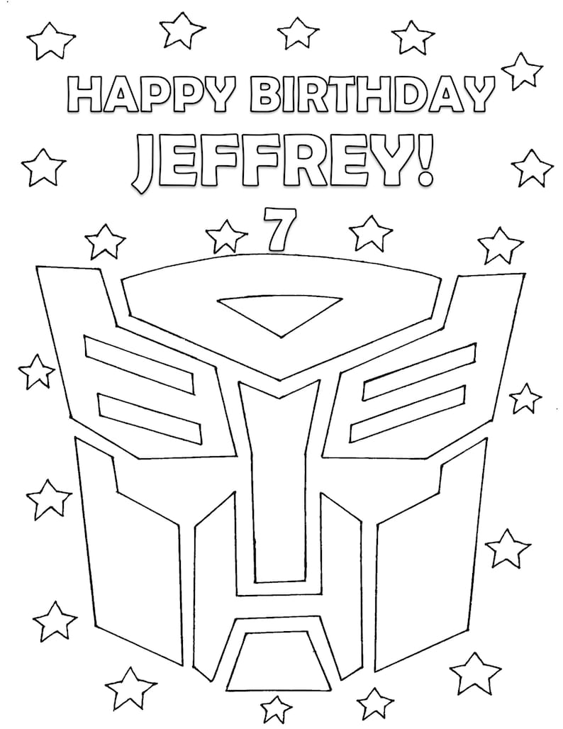 Op de afbeelding: Zwart-witte lijntekening van een verjaardagskaart met de tekst "HAPPY BIRTHDAY JEFFREY!" en het nummer "7". De kaart toont een gestileerd robotgezicht en sterren.