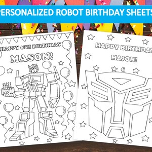 Op de afbeelding: Twee zwart-wit gepersonaliseerde robot verjaardagsbladen. E&eacute;n vel toont een robot met een verjaardagstaart, ballonnen en de tekst "Happy 6th Birthday Mason!". Het andere vel toont een robotgezicht en de tekst "Happy Birthday Mason!"