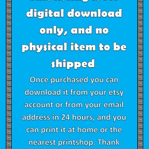 Op de afbeelding: Een digitale download aankondiging op een blauwe achtergrond met een decoratieve rand. De tekst vermeldt dat de aanbieding alleen voor een digitale download is, zonder verzending van een fysiek artikel. Instructies voor downloaden en afdrukken zijn inbegrepen.