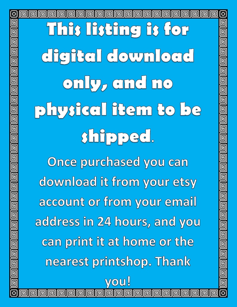 Op de afbeelding: Een digitale download aankondiging op een blauwe achtergrond met een decoratieve rand. De tekst vermeldt dat de aanbieding alleen voor een digitale download is, zonder verzending van een fysiek artikel. Instructies voor downloaden en afdrukken zijn inbegrepen.