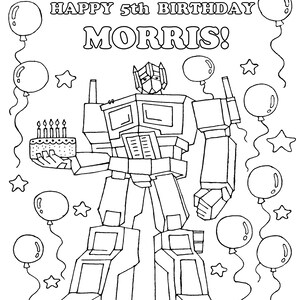 Op de afbeelding: Zwart-witte lijntekening van een robot die een verjaardagstaart met kaarsen vasthoudt. De tekst luidt "HAPPY 5th BIRTHDAY MORRIS!" met ballonnen en sterren rond de robot.