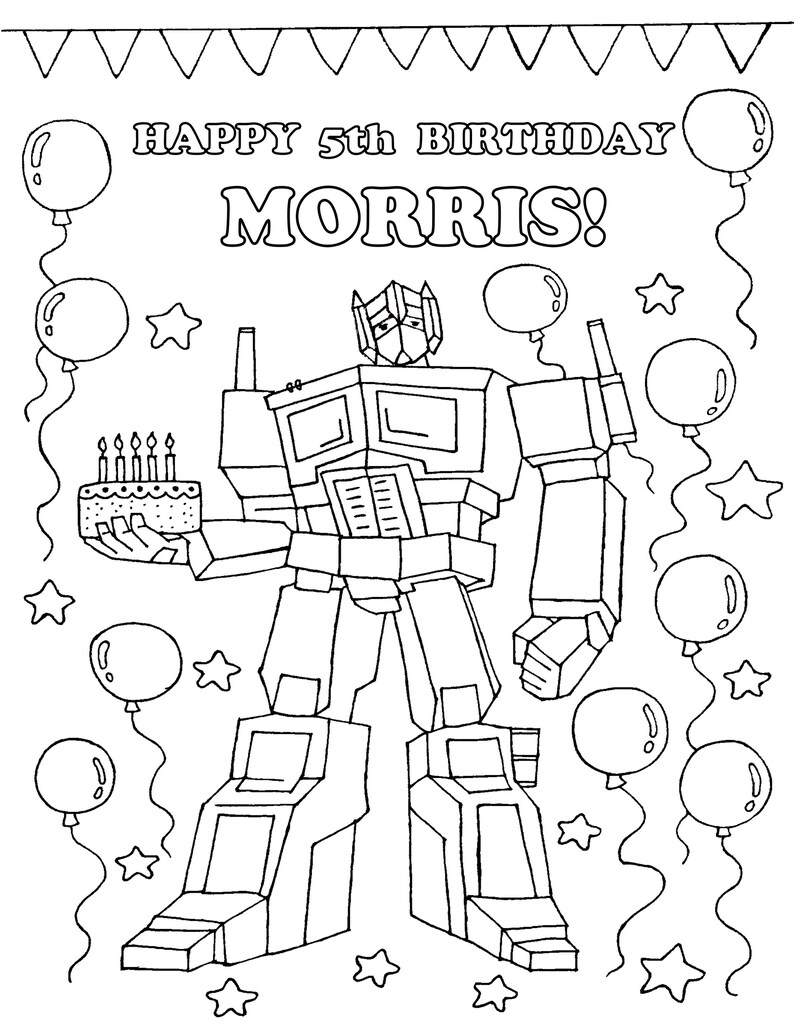 Op de afbeelding: Zwart-witte lijntekening van een robot die een verjaardagstaart met kaarsen vasthoudt. De tekst luidt "HAPPY 5th BIRTHDAY MORRIS!" met ballonnen en sterren rond de robot.
