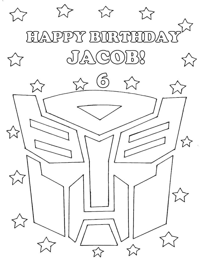 Op de afbeelding: Zwart-wit verjaardagskaart met de tekst "HAPPY BIRTHDAY JACOB!" en het nummer "6". De kaart heeft een robotgezichtontwerp en sterillustraties.