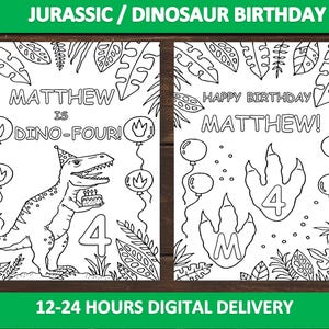 Dino four birthday coloring sheets for kids, T rex Dinosaur theme party favor, Dinosaur Jurassic coloring pages, Personalized kids party