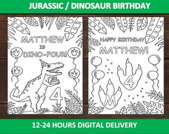 Dino four birthday coloring sheets for kids, T rex Dinosaur theme party favor, Dinosaur Jurassic coloring pages, Personalized kids party