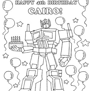 Op de afbeelding: Zwart-wit lijntekening van een robot die een verjaardagstaart met kaarsen vasthoudt. De afbeelding zegt "HAPPY 4th BIRTHDAY CAIRO!" met ballonnen en sterren.