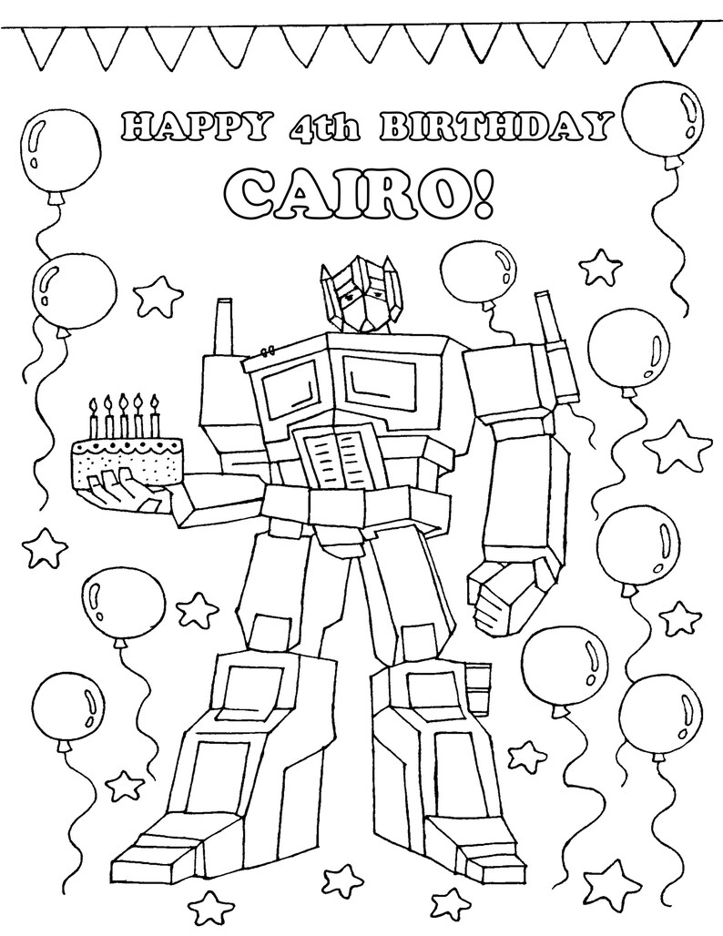 Op de afbeelding: Zwart-wit lijntekening van een robot die een verjaardagstaart met kaarsen vasthoudt. De afbeelding zegt "HAPPY 4th BIRTHDAY CAIRO!" met ballonnen en sterren.