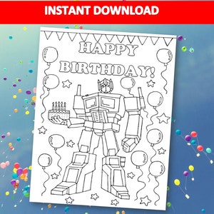 May include: A black and white coloring page featuring a robot holding a birthday cake with candles. The text "Happy Birthday!" is written above the robot. There are balloons and stars surrounding the robot.