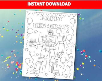 Transformer Birthday coloring page for kids, Robot birthday party colouring sheet