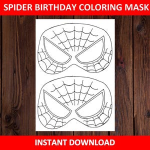 Könnte beinhalten: Zwei schwarz-weiße Spider-Man-Malmasken. Die Masken haben ein Spinnennetz-Design und Augenöffnungen. Der Text "SPIDER BIRTHDAY COLORING MASK" und "INSTANT DOWNLOAD" ist in Rot dargestellt.