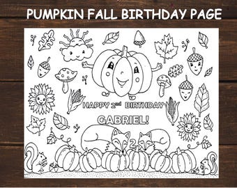 Página imprimible de Hola Otoño / Página para colorear de cumpleaños de calabaza / Actividad infantil personalizada / Recuerdos de fiesta de otoño