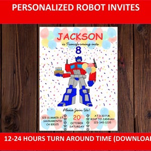 May include: A rectangular birthday invitation card featuring a red and blue robot illustration holding a birthday cake and balloons. The text reads JACKSON is Transforming into 8, Please Join Us, 123 SUMMER ST SACRAMENTO CA 89025, 20 OCTOBER SATURDAY, AT 3:30 P.M. RSVP TO JANNAH 123-345-1235.