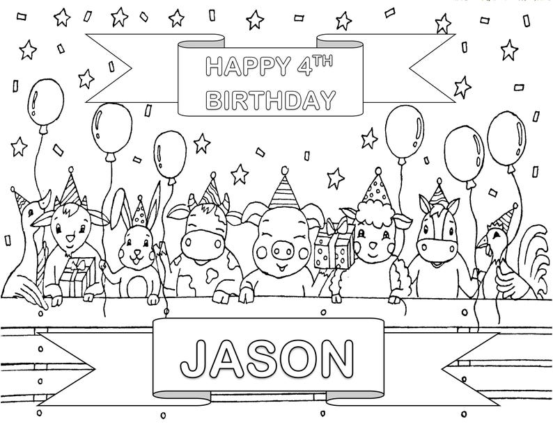 Animals Birthday Coloring Page for Kids, Farm Party Favor (digital ...