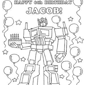 Op de afbeelding: Zwart-wit lijntekening van een robot die een verjaardagstaart vasthoudt. De tekst luidt "HAPPY 6th BIRTHDAY JACOB!" met ballonnen en sterren rond de robot.