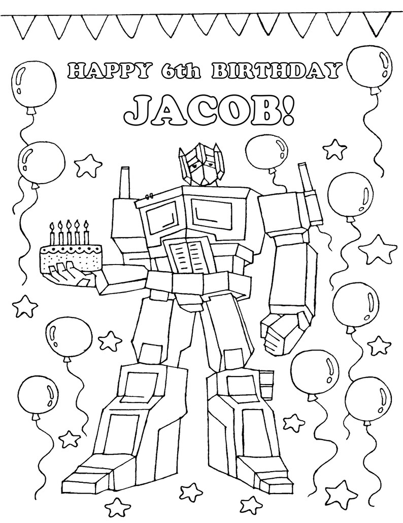 Op de afbeelding: Zwart-wit lijntekening van een robot die een verjaardagstaart vasthoudt. De tekst luidt "HAPPY 6th BIRTHDAY JACOB!" met ballonnen en sterren rond de robot.