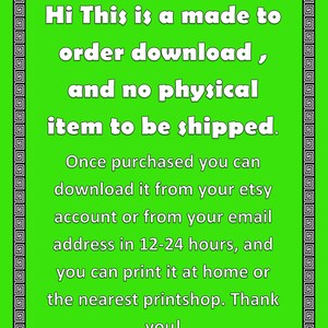Op de afbeelding: Een groene digitale download aankondiging met witte tekst. De tekst luidt: "Hallo, dit is een download op bestelling en er wordt geen fysiek item verzonden." Extra tekst geeft download- en afdrukinstructies.